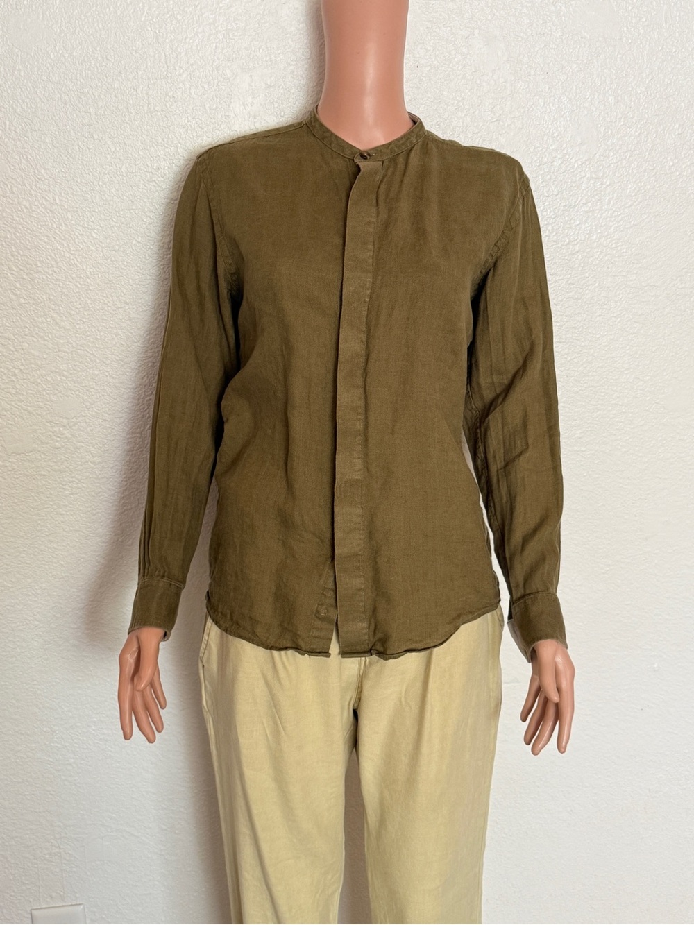 Proper Cloth 100% Linen Olive Green Button Up sz XS